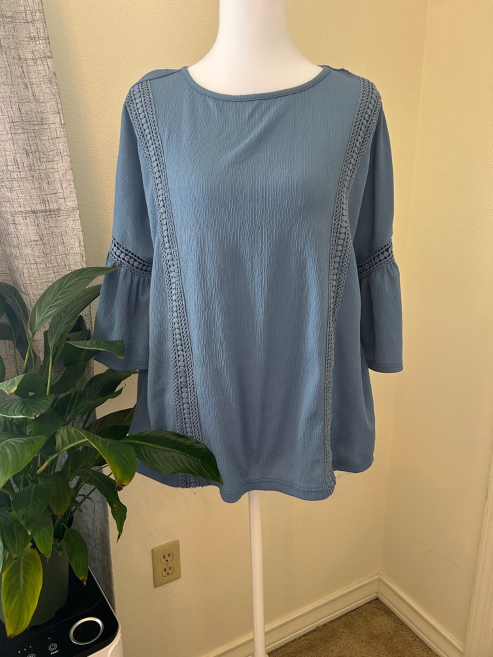 LC Lauren Conrad Dusty Blue Crochet-Trim Bell Sleeve Tunic